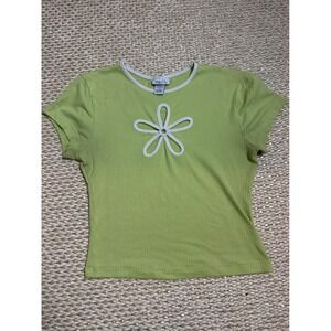 Rue21 Lime Green Ribbed Short Sleeve Tee with White Flower Accent